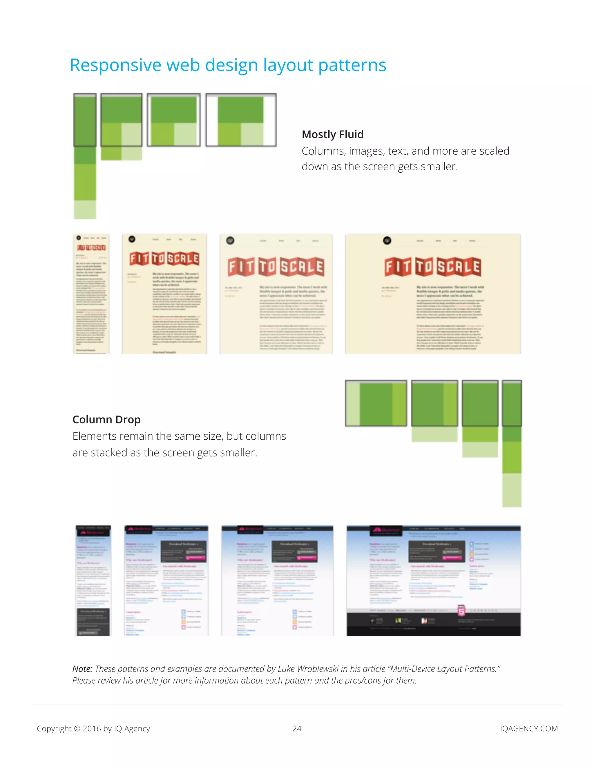 24 IQAGENCY.COMCopyright © 2016 by IQ Agency
Responsive web design layout patterns
Mostly Fluid
Columns, images, text, and more are scaled
down as the screen gets smaller.
Column Drop
Elements remain the same size, but columns
are stacked as the screen gets smaller.
Note: These patterns and examples are documented by Luke Wroblewski in his article “Multi-Device Layout Patterns.”
Please review his article for more information about each pattern and the pros/cons for them.
 