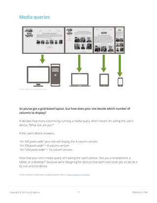 11 IQAGENCY.COMCopyright © 2016 by IQ Agency
credit:
So you’ve got a grid-based layout, but how does your site decide which number of
columns to display?
It decides how many columns by running a media query, which means it’s asking the user’s
device, “What size are you?”
If the user’s device answers,
“I’m 300 pixels wide!” your site will display the 4-column version.
“I’m 700 pixels wide!” = 8-column version
“I’m 1200 pixels wide!” = 16-column version
Note that your site’s media query isn’t asking the user’s device, “Are you a smartphone, a
tablet, or a desktop?” because we’re designing for devices that don’t even exist yet, so we do it
by size and not device.
To learn more about media queries, including breakpoints, check out responsivedesign.is’s breakdown.
Media queries
credit: http://amondragon.com/
 