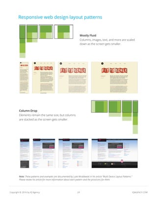24 IQAGENCY.COMCopyright © 2016 by IQ Agency
Responsive web design layout patterns
Mostly Fluid
Columns, images, text, and more are scaled
down as the screen gets smaller.
Column Drop
Elements remain the same size, but columns
are stacked as the screen gets smaller.
Note: These patterns and examples are documented by Luke Wroblewski in his article “Multi-Device Layout Patterns.”
Please review his article for more information about each pattern and the pros/cons for them.
 