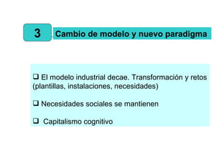 3 Cambio de modelo y nuevo paradigma El modelo industrial decae. Transformación y retos (plantillas, instalaciones, necesidades) Necesidades sociales se mantienen Capitalismo cognitivo 
