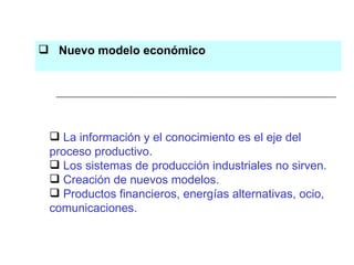 Nuevo modelo económico El conocimiento es el eje del proceso productivo La información y el conocimiento es el eje del proceso productivo. Los sistemas de producción industriales no sirven. Creación de nuevos modelos. Productos financieros, energías alternativas, ocio, comunicaciones. 