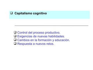 Capitalismo cognitivo Control del proceso productivo. Exigencias de nuevas habilidades. Cambios en la formación y educación. Respuesta a nuevos retos. 
