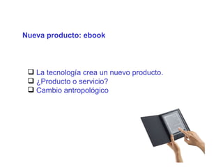 Nueva producto: ebook El conocimiento es el eje del proceso productivo La tecnología crea un nuevo producto . ¿Producto o servicio? Cambio antropológico 