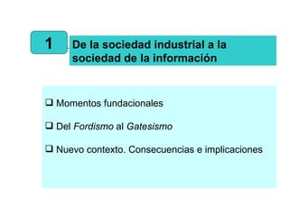 1 De la sociedad industrial a la sociedad de la información Momentos fundacionales Del  Fordismo  al  Gatesismo Nuevo contexto. Consecuencias e implicaciones 