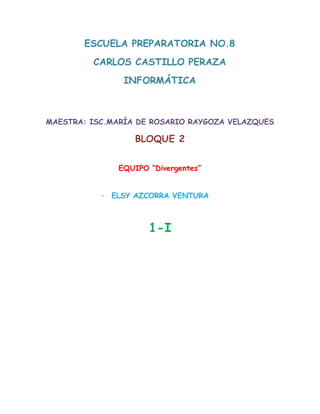 ESCUELA PREPARATORIA NO.8
CARLOS CASTILLO PERAZA
INFORMÁTICA
MAESTRA: ISC.MARÍA DE ROSARIO RAYGOZA VELAZQUES
BLOQUE 2
EQUIPO “Divergentes”
· ELSY AZCORRA VENTURA
1-I
 