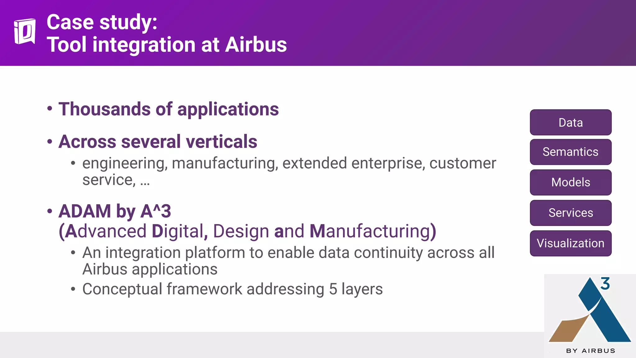 Case study: 
Tool integration at Airbus
• Thousands of applications
• Across several verticals
• engineering, manufacturing, extended enterprise, customer
service, …
• ADAM by A^3  
(Advanced Digital, Design and Manufacturing)
• An integration platform to enable data continuity across all
Airbus applications
• Conceptual framework addressing 5 layers
Data
Semantics
Models
Services
Visualization
 