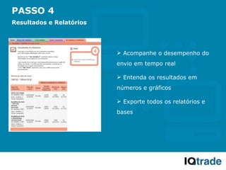 PASSO 4
Resultados e Relatórios




                           Acompanhe o desempenho do
                          envio em tempo real

                           Entenda os resultados em
                          números e gráficos

                           Exporte todos os relatórios e
                          bases
 