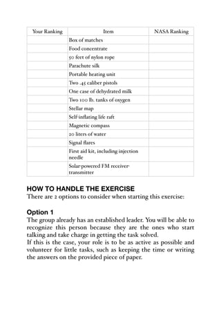 Your Ranking Item NASA Ranking
Box of matches
Food concentrate
50 feet of nylon rope
Parachute silk
Portable heating unit
Two .45 caliber pistols
One case of dehydrated milk
Two 100 lb. tanks of oxygen
Stellar map
Self-inflating life raft
Magnetic compass
20 liters of water
Signal flares
First aid kit, including injection
needle
Solar-powered FM receiver-
transmitter
%
HOW TO HANDLE THE EXERCISE
There are 2 options to consider when starting this exercise:
Option 1
The group already has an established leader. You will be able to
recognize this person because they are the ones who start
talking and take charge in getting the task solved.
If this is the case, your role is to be as active as possible and
volunteer for little tasks, such as keeping the time or writing
the answers on the provided piece of paper.
 