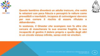 Questo bambino diventerà un adulto insicuro, che vedrà
le relazioni con poca fiducia e percepirà le rotture come
prevedibili e inevitabili, incapace di coinvolgersi davvero
per non correre il rischio di essere rifiutato e
abbandonato.
In sostanza, il Ghoster che scompare non fa altro che
cercare di mascherare la sua enorme fragilità, la sua
incapacità di gestire il dolore proprio e quello degli altri
in un circolo vizioso infinito, senza vinti né vincitori.
I S T I T U T O D I S V I L U P P O E C O A M B I E N T A L E O R G A N I Z Z A Z I O N E D I
V O L O N T A R I A T O 16
 