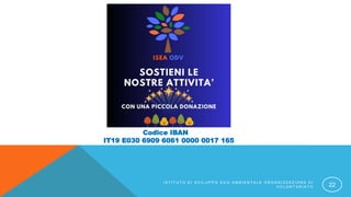 Codice IBAN
IT19 E030 6909 6061 0000 0017 165
I S T I T U T O D I S V I L U P P O E C O A M B I E N T A L E O R G A N I Z Z A Z I O N E D I
V O L O N T A R I A T O 22
 