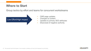 32 This document and the information in it are provided in confidence, and may not be disclosed to any third party.
Where to Start
Group tactics by effort and teams for concurrent workstreams
Low Effort/High Impact
Longer Cycles
Sprint Cycles
• CMS page updates
• Changes to content
• Updates to primary SEO attributes
• Disavowal of negative authority
 