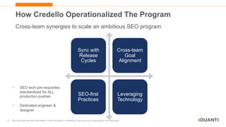 37 This document and the information in it are provided in confidence, and may not be disclosed to any third party.
How Credello Operationalized The Program
Cross-team synergies to scale an ambitious SEO program
Sync with
Release
Cycles
Cross-team
Goal
Alignment
SEO-first
Practices
Leveraging
Technology
• SEO tech pre-requisites
standardized for ALL
production pushes
• Dedicated engineer &
designer
 