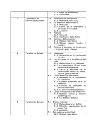 2.3.2. Bases del escalamiento
                                    2.3.3. Aplicaciones

3   Transferencia de         3.1.   Mecanismos de transferencia
    Cantidad de Movimiento          3.1.1. Momentum, calor, masa
                             3.2.   Ley de Newton de la viscosidad
                                    3.2.1. Deducción
                                    3.2.2. Efectos de la temperatura y
                                          presión en la viscosidad
                                    3.2.3. Aplicación
                             3.3.   Reología
                                    3.3.1. Concepto
                                    3.3.2. Clasificación de los fluidos
                             3.4.   Estimación de la viscosidad
                                    3.4.1. Modelos matemáticos
                                    3.4.2. Cálculos (gases, líquidos y
                                          mezclas)
                             3.5.   Ajuste de la viscosidad por temperatura
                                     y presión en gases y líquidos

4   Transferencia de calor   4.1.   Introducción
                                    4.1.1. Mecanismos en la transferencia
                                          del calor
                             4.2.   Ley de Fourier de la transferencia del
                                     calor
                                    4.2.1. Deducción de la Ley de Fourier
                                    4.2.2. La conductividad térmica como
                                          función de la temperatura
                                    4.2.3. Cálculo y estimación de la
                                          conductividad térmica en sólidos,
                                          líquidos, gases y mezclas.
                             4.3.   Ley de Newton del enfriamiento
                                    4.3.1. Naturaleza de la transferencia
                                          por convección
                                    4.3.2. Expresión matemática de la Ley
                                          de Newton
                                    4.3.3. Concepto de coeficiente de
                                          película Newtoniano
                                    4.3.4. La convección natural y forzada
                             4.4.   Ley de Stefan-Boltzman de la radiación
                                    4.4.1. Radiación térmica y Espectro
                                          electromagnético
                                    4.4.2. Ley de Stefan-Boltzman

5   Transferencia de masa    5.1.   Difusión molecular
                                     5.1.1. Deducción de la Ley de Fick
                                     5.1.2. Diferentes equivalencias de la
                                          Ley de Fick
                                     5.1.3. Aplicación
                             5.2.   Estimación de la difusividad
                                     5.2.1. Modelos matemáticos
 