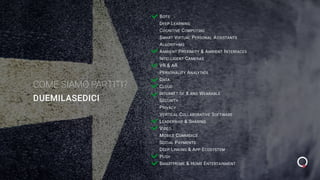 BOTS
DEEP LEARNING
COGNITIVE COMPUTING
SMART VIRTUAL PERSONAL ASSISTANTS
ALGORITHMS
AMBIENT PROXIMITY & AMBIENT INTERFACES
INTELLIGENT CAMERAS
VR & AR
PERSONALITY ANALYTICS
DATA
CLOUD
INTERNET OF X AND WEARABLE
SECURITY
PRIVACY
VERTICAL COLLABORATIVE SOFTWARE
LEADERSHIP & SHARING
VIDEO
MOBILE COMMERCE
SOCIAL PAYMENTS
DEEP LINKING & APP ECOSYSTEM
PUSH
SMARTHOME & HOME ENTERTAINMENT
COME SIAMO PARTITI?
DUEMILASEDICI
 