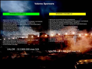 Valores   Sponsors SPONSORS CATEGORIA A1 MENCION EN ENTREVISTAS CON MEDIOS 1000 MTS2  ROTULACION CORPORATIVA INTERIOR Y EXTERIOR INCLUSION EN TENIDA PROMOTORAS  TEAMS A Y B MENCION EN CAMIONETA LIGHT MONSTER CON PERIFONEO 06 INVITACIONES VIPS INCLUSION EN BACKGROUNDS ENTREVISTAS SPOT EN PANTALLA GIGANTE EN EVENTO VEHICULOS CORPORATIVOS DENTRO ARENA 06 MENCION EN PUBLICIDAD COMENTARISTAS EVENTO 20.000 FLAYERS EN UBICACIÓN PRINCIPAL Y SECUNDARIA 1000 POSTERS TODO COLOR UBICACIÓN PRINCIPAL Y SECUNDARIA PUBLICIDAD EN AUTOS DEMODERBY MENCION SPOT RADIAL MENCION PRINCIPAL EN PROGRAMA RADIO “ ROCK TIME ” INCLUSION MATERIAL MERCHANDISING INCLUSION TICKETS Y CREDENCIALES 50 ENTRADAS GALERIA  VALOR  : $ 2.900.000 mas IVA SPONSORS CATEGORIA A2 MENCION EN ENTREVISTAS CON MEDIOS 500 MTS2  ROTULACION CORPORATIVA INTERIOR Y EXTERIOR INCLUSION EN TENIDA PROMOTORAS  TEAMS  B MENCION EN CAMIONETA LIGHT MONSTER CON PERIFONEO 06 INVITACIONES VIPS INCLUSION EN BACKGROUNDS ENTREVISTAS SPOT EN PANTALLA GIGANTE EN EVENTO VEHICULOS CORPORATIVOS DENTRO ARENA 02 MENCION EN PUBLICIDAD COMENTARISTAS EVENTO 20.000 FLAYERS EN UBICACIÓN SECUNDARIA 1000 POSTERS TODO COLOR UBICACIÓN SECUNDARIA MENCION SPOT RADIAL MENCION PRINCIPAL EN PROGRAMA RADIO “ ROCK TIME ” INCLUSION MATERIAL MERCHANDISING INCLUSION TICKETS Y CREDENCIALES 30 ENTRADAS GALERIA  VALOR  : $ 1.900.000 mas IVA 