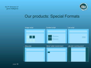 the 5th dimension of
  game intelligence




                       Our products: Special Formats

                       ...