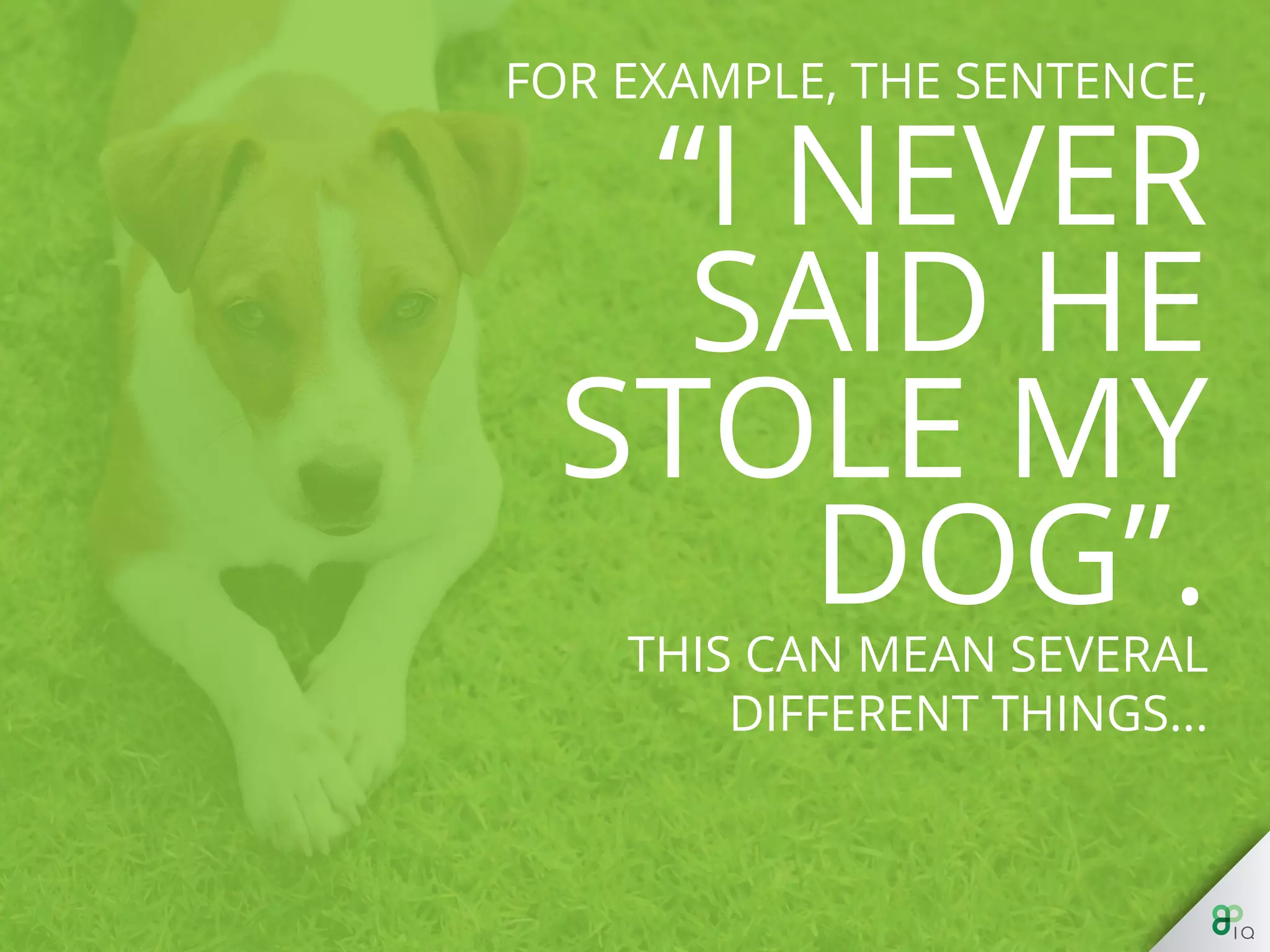 For example, the sentence,
“I never said he stole my
dog”.
This can mean several
diﬀerent things...
 