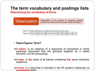 The term vocabulary and postings lists
Determining the vocabulary of terms
 Token/Type/or Term?
A token: is an instance of a sequence of characters in some
particular document that are grouped together as a useful
semantic unit for processing.
A type: is the class of all tokens containing the same character
sequence.
A term: is a type that is included in the IR system’s dictionary (a
• Tokenization is the process of chopping character
streams into tokens throwing away certain characters.Tokenization
 