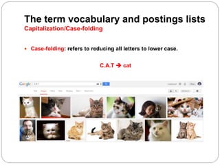 The term vocabulary and postings lists
Capitalization/Case-folding
 Case-folding: refers to reducing all letters to lower case.
C.A.T  cat
 