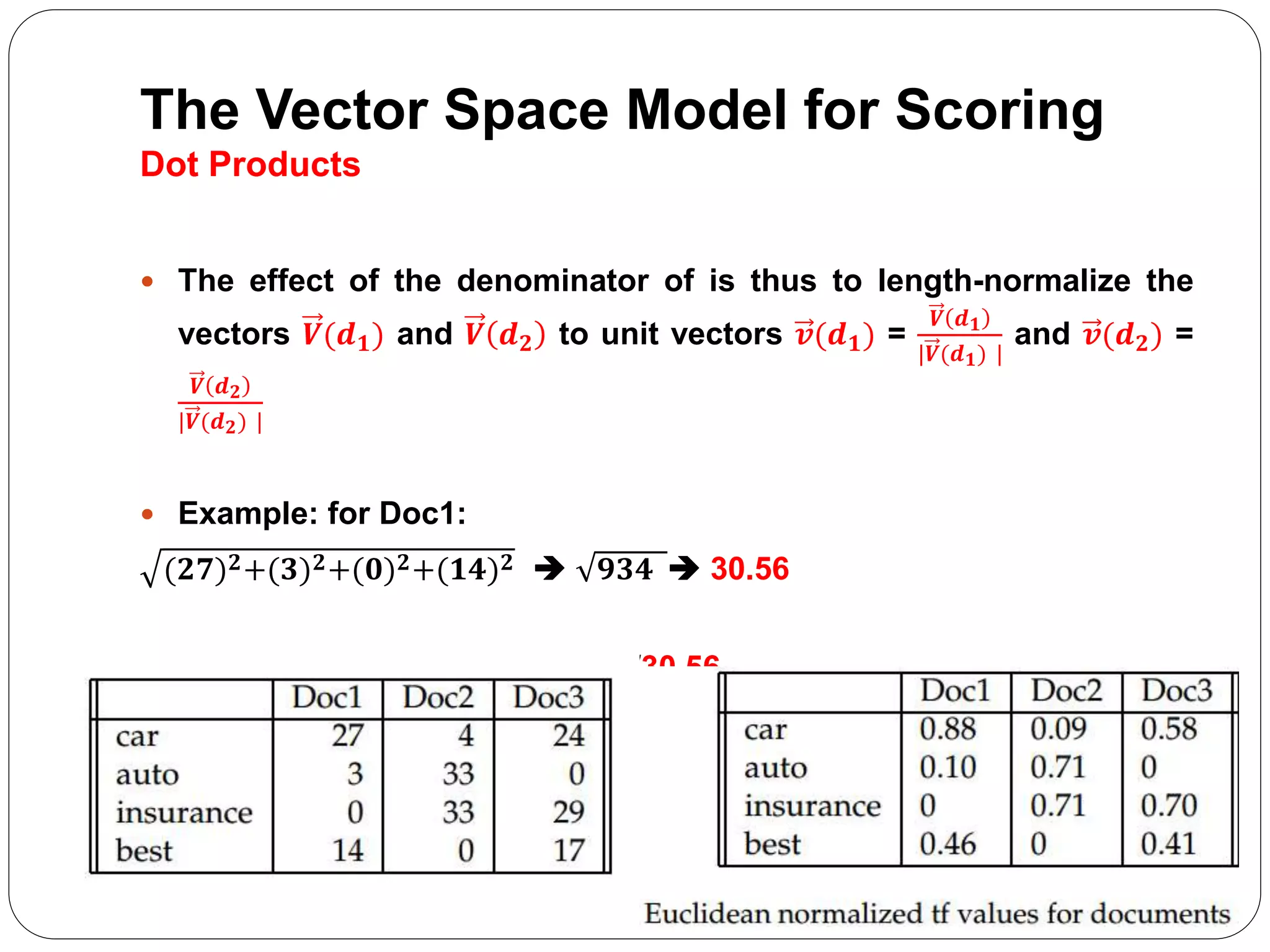 The Vector Space Model for Scoring
Dot Products
 The effect of the denominator of is thus to length-normalize the
vectors 𝑽(𝒅 𝟏) and 𝑽 𝒅 𝟐 to unit vectors 𝒗(𝒅 𝟏) =
𝑽 𝒅 𝟏
|𝑽(𝒅 𝟏) |
and 𝒗(𝒅 𝟐) =
𝑽 𝒅 𝟐
|𝑽(𝒅 𝟐) |
 Example: for Doc1:
(𝟐𝟕) 𝟐+(𝟑) 𝟐+(𝟎) 𝟐+(𝟏𝟒) 𝟐  𝟗𝟑𝟒  30.56
 27/30.56, 3/30.56, 0/30.56, 14/30.56
 