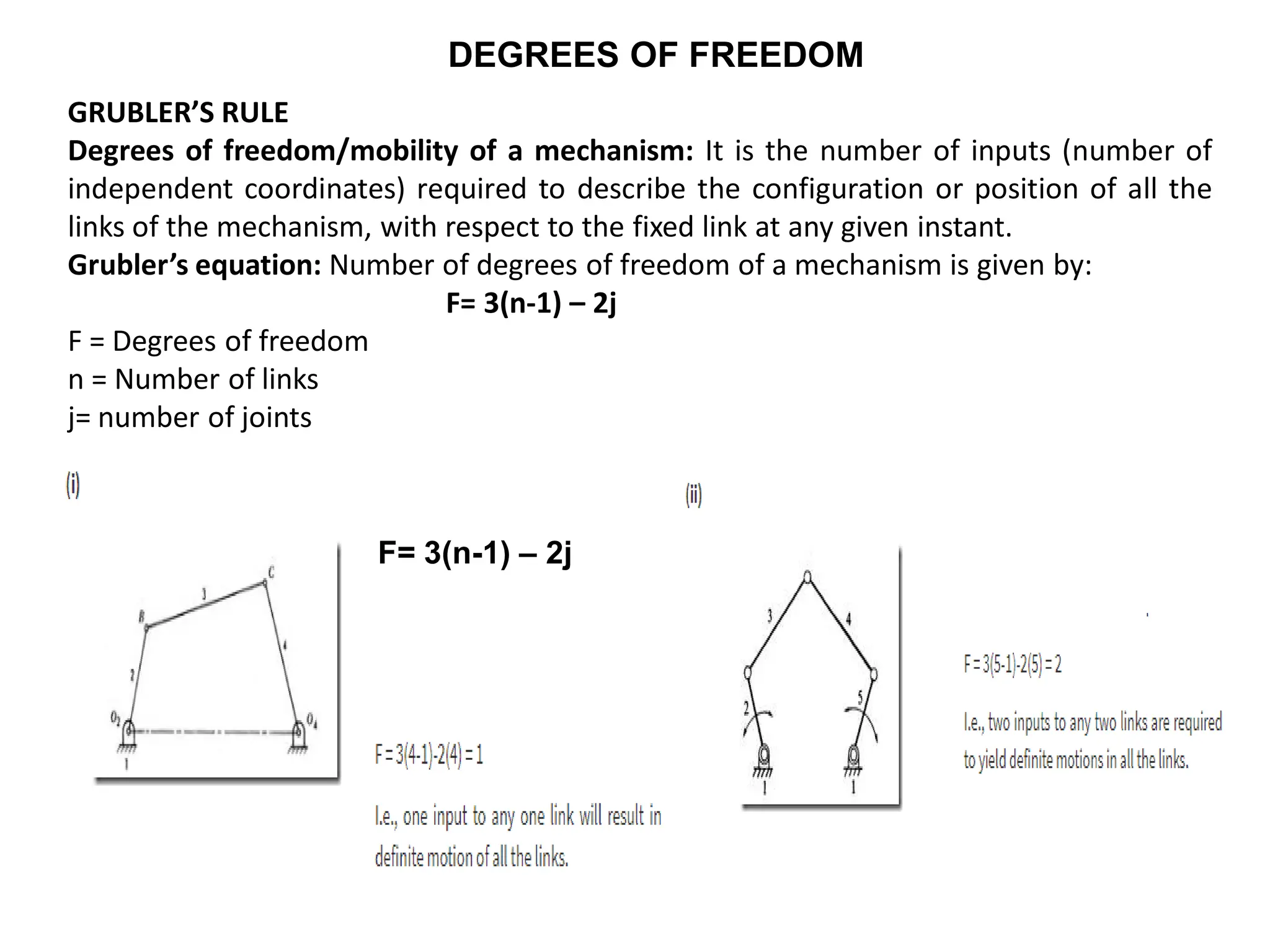 DEGREES OF FREEDOM
GRUBLER’S RULE
Degrees of freedom/mobility of a mechanism: It is the number of inputs (number of
independent coordinates) required to describe the configuration or position of all the
links of the mechanism, with respect to the fixed link at any given instant.
Grubler’s equation: Number of degrees of freedom of a mechanism is given by:
F= 3(n-1) – 2j
F = Degrees of freedom
n = Number of links
j= number of joints
F= 3(n-1) – 2j
 