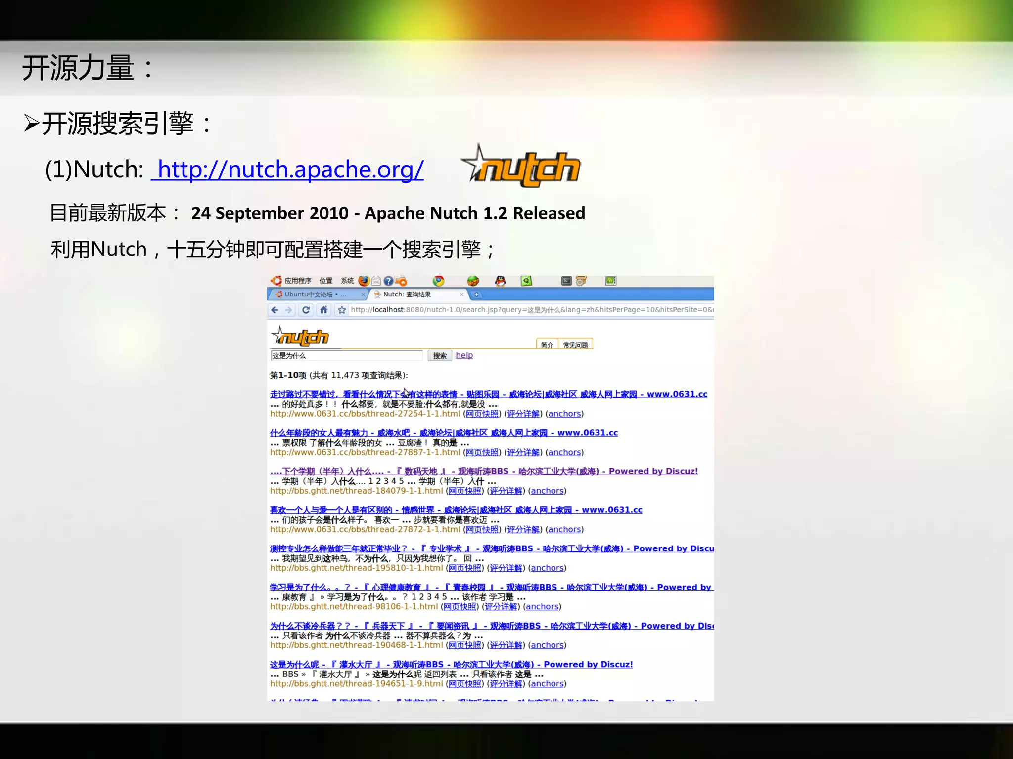 开源力量：
开源搜索引擎：
(1)Nutch: http://nutch.apache.org/
 目前最新版本： 24 September 2010 - Apache Nutch 1.2 Released
 利用Nutch，十五分钟即可配置搭建一个搜索引擎；
 