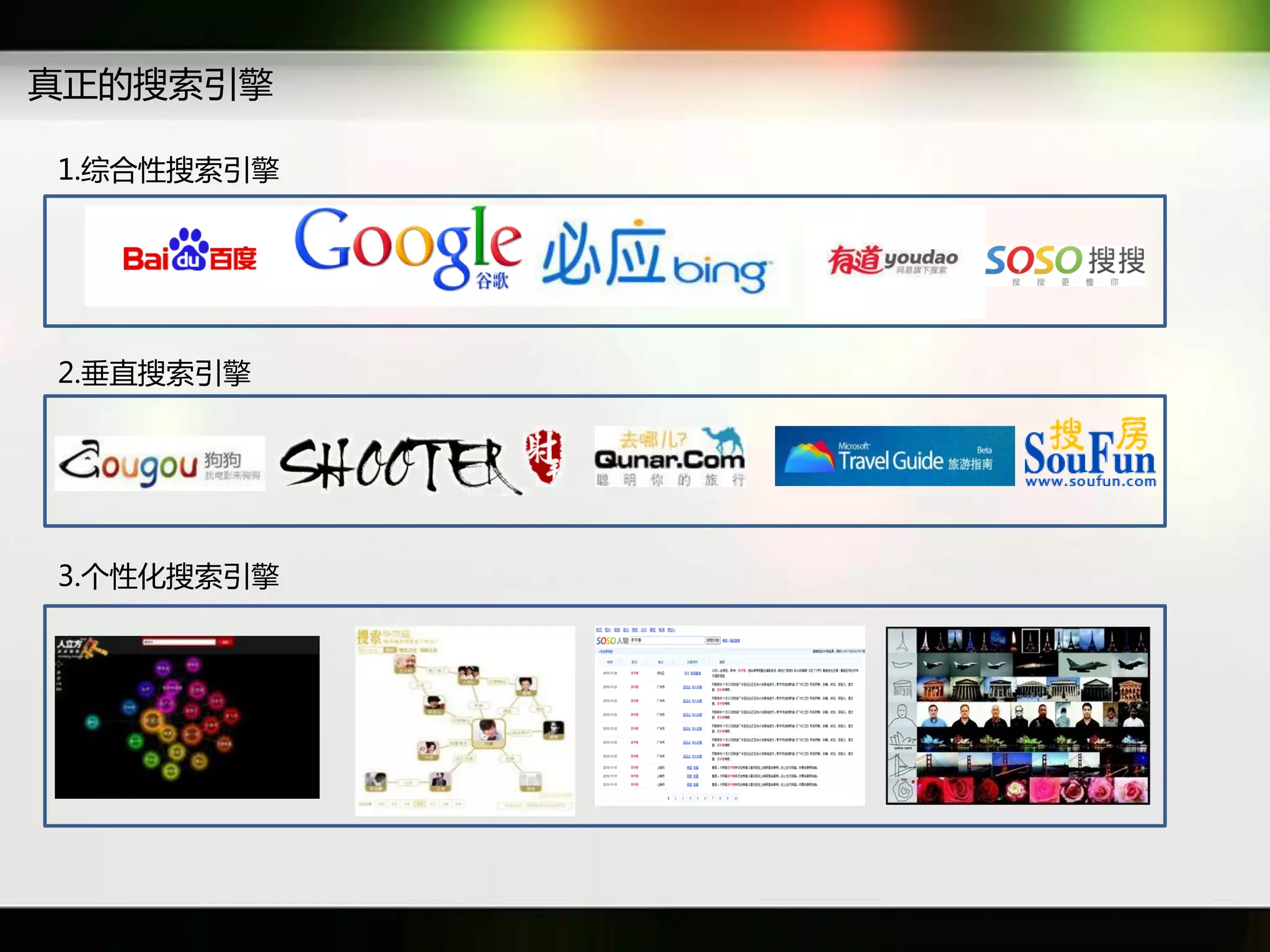 真正癿搜索引擎

1.综吅性搜索引擎




2.垂直搜索引擎




3.个性化搜索引擎
 
