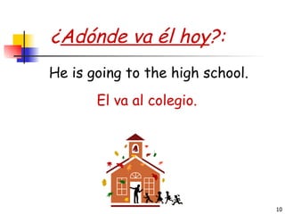 ¿ Adónde va él hoy ?: El va al colegio. He is going to the high school. 