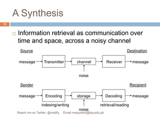 A SynthesisInformation retrieval as communication over time and space, across a noisy channelSenderRecipientEncodingDecodingTransmitterReceiverchannelstoragemessagemessageindexing/writingretrieval/readingnoiseSourceDestinationmessagemessagenoise15Reach me on Twitter: @matifq     Email maqureshi@iba.edu.pk