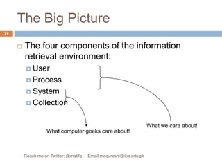 The Big PictureThe four components of the information retrieval environment:UserProcessSystemCollectionWhat computer geeks care about!What we care about!29Reach me on Twitter: @matifq     Email maqureshi@iba.edu.pk
