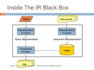 Inside The IR Black BoxDocumentsQueryRepresentationFunctionRepresentationFunctionQuery RepresentationDocument RepresentationIndexComparisonFunctionHits36Reach me on Twitter: @matifq     Email maqureshi@iba.edu.pk