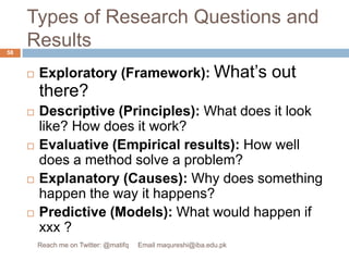 Types of Research Questions and ResultsExploratory (Framework): What’s out there? Descriptive (Principles): What does it look like? How does it work?Evaluative (Empirical results): How well does a method solve a problem? Explanatory (Causes): Why does something happen the way it happens? Predictive (Models): What would happen if xxx ?58Reach me on Twitter: @matifq     Email maqureshi@iba.edu.pk