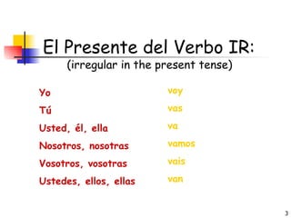 Yo Tú Usted, él, ella Nosotros, nosotras Vosotros, vosotras Ustedes, ellos, ellas voy vas va vamos vais van El Presente del Verbo IR: (irregular in the present tense) 