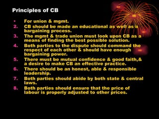 Principles of CB For union & mgmt. CB should be made an educational as well as a bargaining process. The mgmt & trade union must look upon CB as a means of finding the best possible solution. Both parties to the dispute should command the respect of each other & should have enough bargaining power. There must be mutual confidence & good faith,& a desire to make CB an effective practice. There should be an honest, able & responsible leadership. Both parties should abide by both state & central laws. Both parties should ensure that the price of labour is properly adjusted to other prices. 