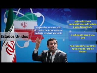 Estados Unidos

suspender a construção
do reator de Arak, onde se
poderia produzir plutônio

país reduza seu
enriquecimento de urânio
a uma taxa de 5%.
o suficiente para o uso
civil
não expandir as centrais
nucleares de Fordo e
Natanz

 