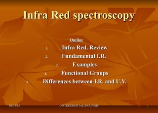 04/15/1504/15/15 INSTERUMENTAL ANALYSISINSTERUMENTAL ANALYSIS 11
Infra Red spectroscopyInfra Red spectroscopy
OutlineOutline
1.1. Infra Red, ReviewInfra Red, Review
2.2. Fundamental I.R.Fundamental I.R.
3.3. ExamplesExamples
4.4. Functional GroupsFunctional Groups
5.5. Differences between I.R. and U.V.Differences between I.R. and U.V.
 