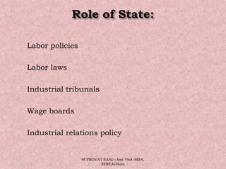  Labor policies
 Labor laws
 Industrial tribunals
 Wage boards
 Industrial relations policy
05/14/15 15
SUPROVAT BASU--Asst. Prof.-MBA,
RERF,Kolkata
 