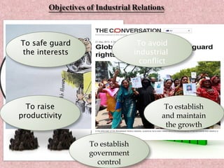 To safe guard
the interests
To avoid
industrial
conflict
To establish
and maintain
the growth
To raise
productivity
To establish
government
control
 