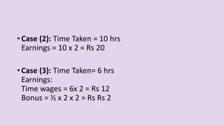 • Case (2): Time Taken = 10 hrs
Earnings = 10 x 2 = Rs 20
• Case (3): Time Taken= 6 hrs
Earnings:
Time wages = 6x 2 = Rs 12
Bonus = ½ x 2 x 2 = Rs Rs 2
 