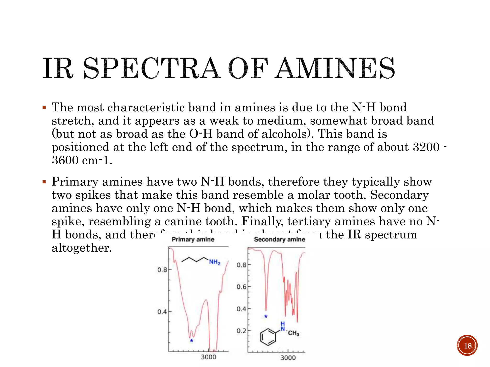  The most characteristic band in amines is due to the N-H bond
stretch, and it appears as a weak to medium, somewhat broad band
(but not as broad as the O-H band of alcohols). This band is
positioned at the left end of the spectrum, in the range of about 3200 -
3600 cm-1.
 Primary amines have two N-H bonds, therefore they typically show
two spikes that make this band resemble a molar tooth. Secondary
amines have only one N-H bond, which makes them show only one
spike, resembling a canine tooth. Finally, tertiary amines have no N-
H bonds, and therefore this band is absent from the IR spectrum
altogether.
18
 