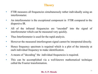 Mr. S. P. Shinde
30
• FTIR measures all frequencies simultaneously rather individually using an
interferometer.
• An interferometer is the exceptional component in FTIR compared to the
dispersive IR.
• All of the infrared frequencies are “encoded" into the signal of
interferometer which can be measured very quickly.
• Thus Interferometer is used for the rapid analysis.
• However the measured interferogram signal cannot be interpreted directly.
• Hence frequency spectrum is required which is a plot of the intensity at
each individual frequency to make identification.
• A means of "decoding” the individual frequencies is required.
• This can be accomplished via a well-known mathematical technique
called the Fourier transformation.
Theory
 
