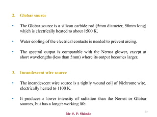 Mr. S. P. Shinde
35
2. Globar source
• The Globar source is a silicon carbide rod (5mm diameter, 50mm long)
which is electrically heated to about 1500 K.
• Water cooling of the electrical contacts is needed to prevent arcing.
• The spectral output is comparable with the Nernst glower, except at
short wavelengths (less than 5mm) where its output becomes larger.
3. Incandescent wire source
• The incandescent wire source is a tightly wound coil of Nichrome wire,
electrically heated to 1100 K.
• It produces a lower intensity of radiation than the Nernst or Globar
sources, but has a longer working life.
 