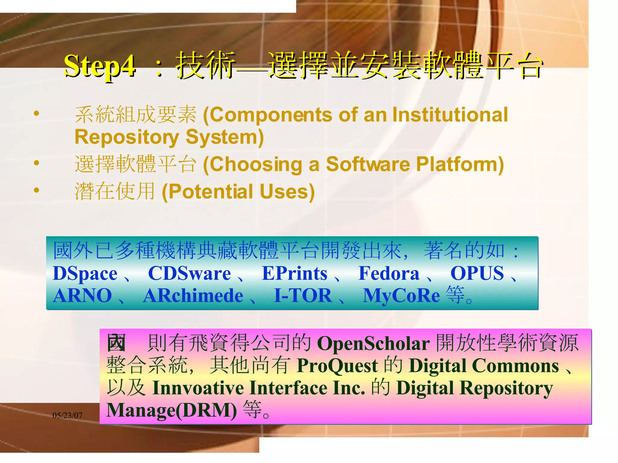 Step4 ： 技術—選擇並安裝軟體平台   系統組成要素 (Components of an Institutional Repository System)   選擇軟體平台 (Choosing a Software Platform) 潛在使用 (Potential Uses)   國外已多種機構典藏軟體平台開發出來，著名的如： DSpace 、 CDSware 、 EPrints 、 Fedora 、 OPUS 、 ARNO 、 ARchimede 、 I-TOR 、 MyCoRe 等。  國內則有飛資得公司的 OpenScholar 開放性學術資源整合系統，其他尚有 ProQuest 的 Digital Commons 、以及 Innvoative Interface Inc. 的 Digital Repository Manage(DRM) 等。   