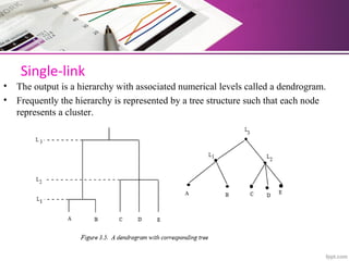 Single-link
• The output is a hierarchy with associated numerical levels called a dendrogram.
• Frequently the hierarchy is represented by a tree structure such that each node
represents a cluster.
 
