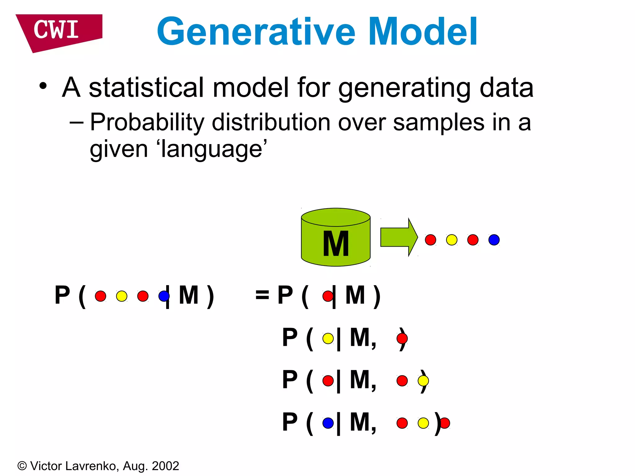 Generative Model
• A statistical model for generating data
– Probability distribution over samples in a
given ‘language’
M
P ( | M ) = P ( | M )
P ( | M, )
P ( | M, )
P ( | M, )
© Victor Lavrenko, Aug. 2002
 