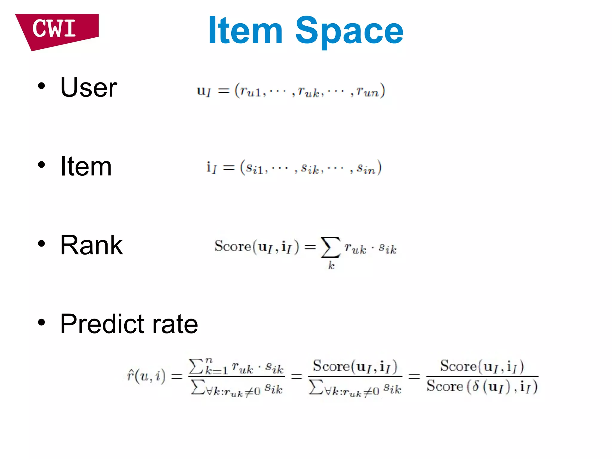 Item Space
• User
• Item
• Rank
• Predict rate
 