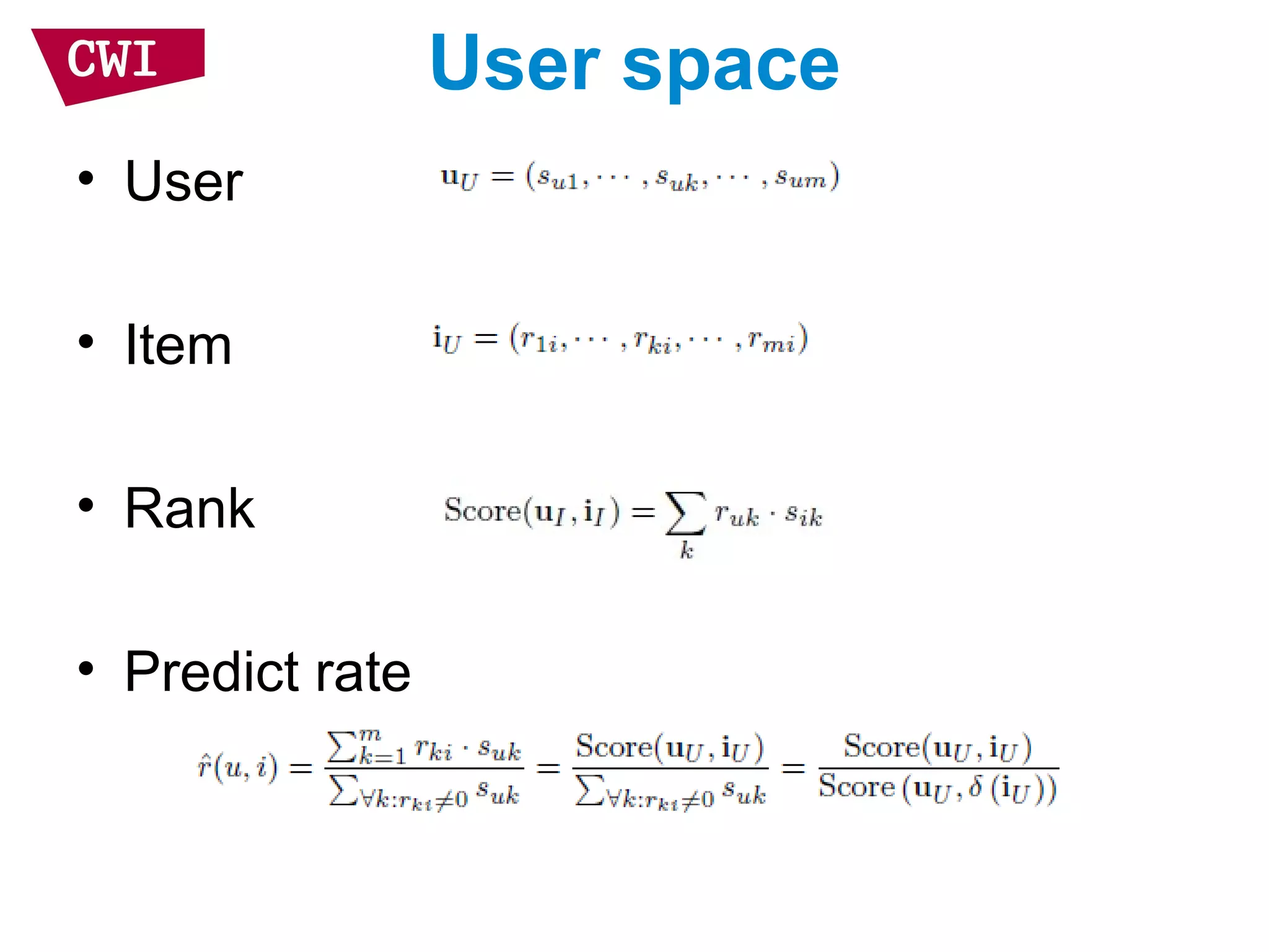 User space
• User
• Item
• Rank
• Predict rate
 