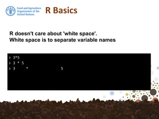 R Basics
> 3*5
> 3 * 5
> 3 * 5
R doesn't care about 'white space'.
White space is to separate variable names
 