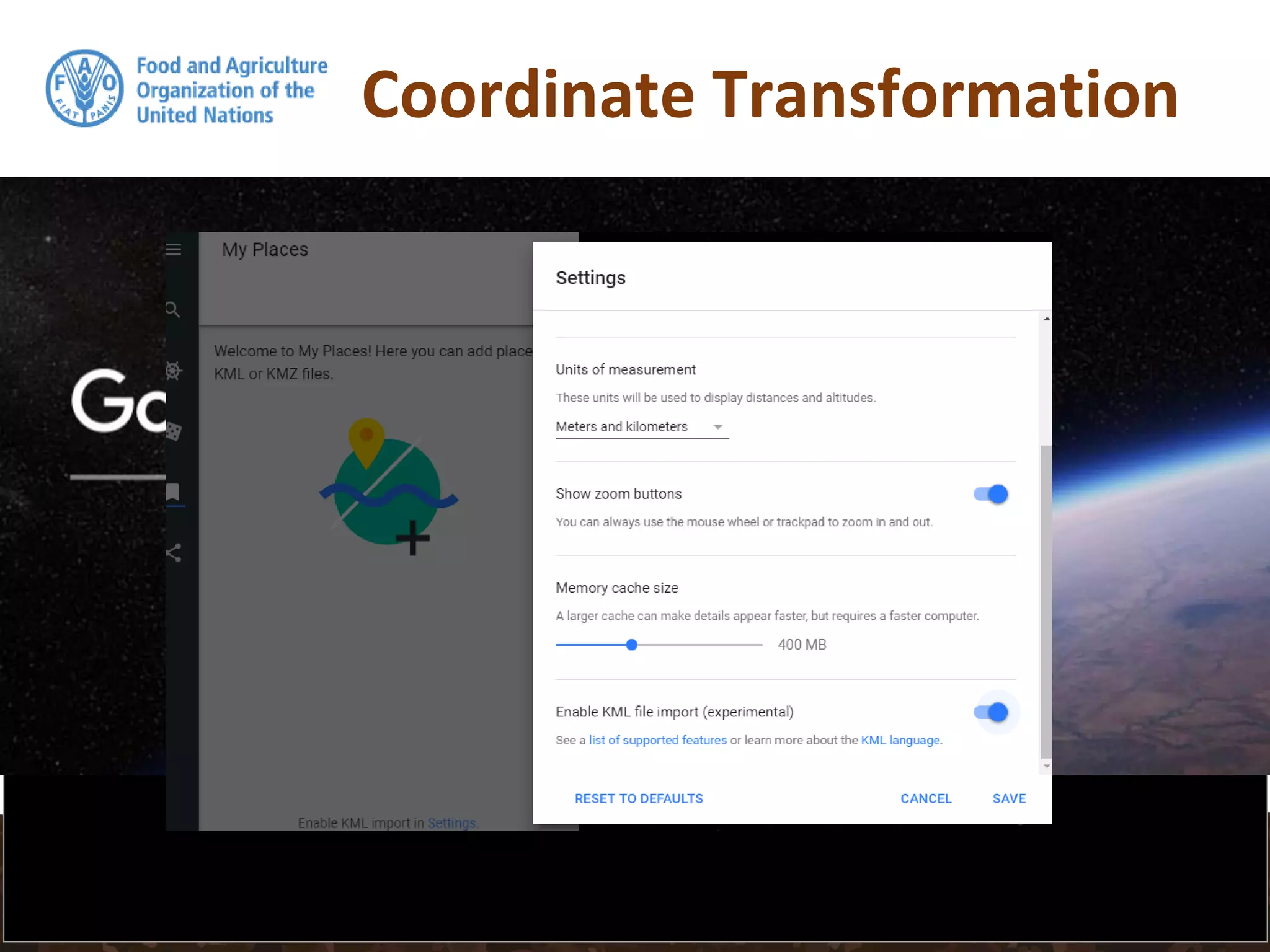Coordinate Transformation
> pointdata.kml <- spTransform(pointdata, CRS("+init=epsg:4326"))
To look at the locations of the data in Google Earth, we first need
to make sure the data is in the WGS84 geographic CRS. If the
data is not in this CRS (which is the case for our data), then we
need to perform a transformation. This is done by using the
spTransform function in sp. The EPSG code for WGS84
geographic is: 4326. We can then export out our transformed
pointdata data set to a KML file and visualize it in Google Earth.
 