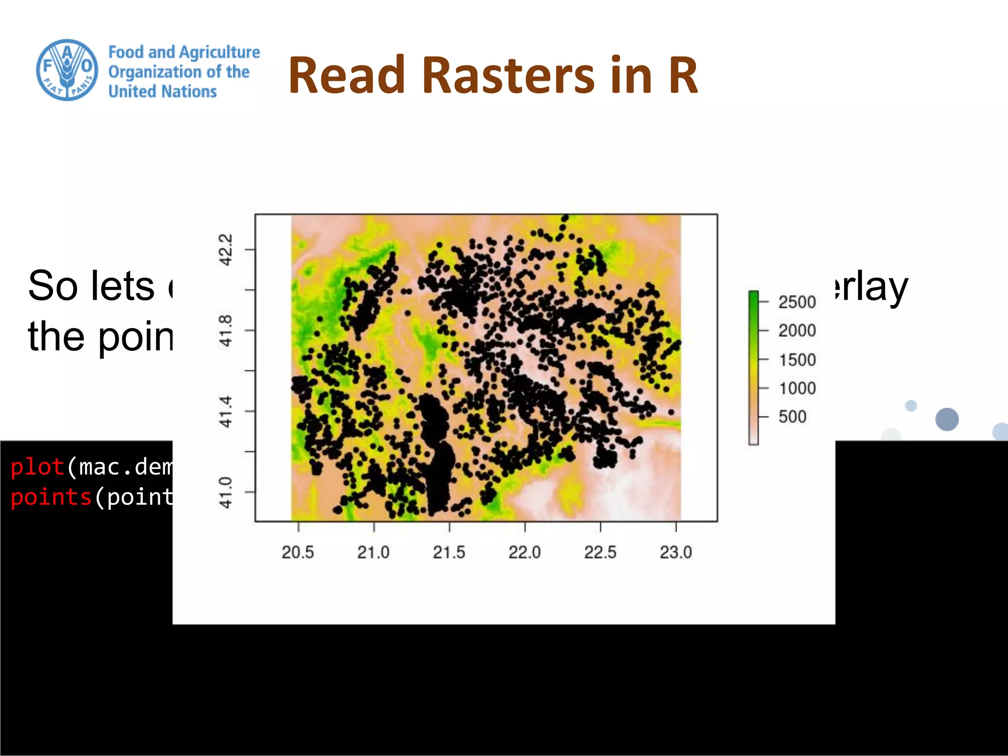 So lets do a quick plot of this raster and overlay
the point locations
Read Rasters in R
plot(mac.dem)
points(points, pch = 20)
 